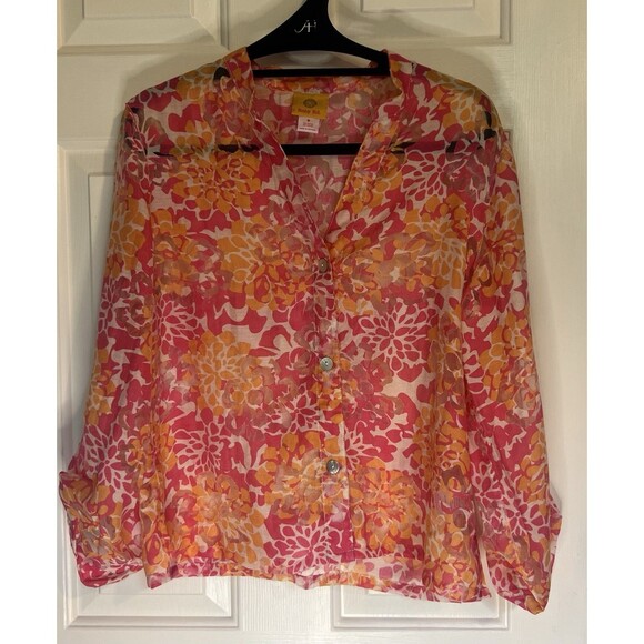Ruby Rd Pink/Orange Floral Sheer Button Down Top Sz 8 - Picture 1 of 10